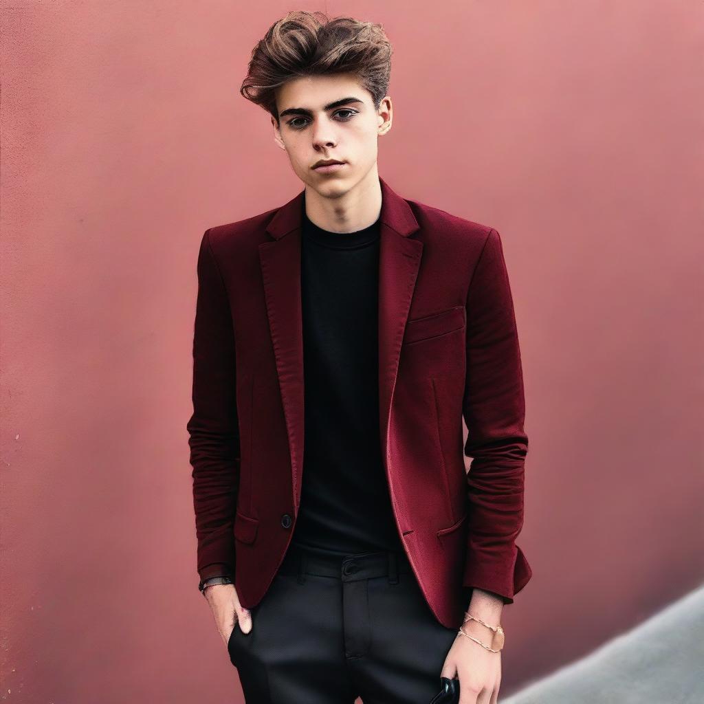 An 18-year-old boy dressed in a black shirt, black pants, and a red wine-colored blazer