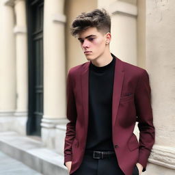 An 18-year-old boy dressed in a black shirt, black pants, and a red wine-colored blazer