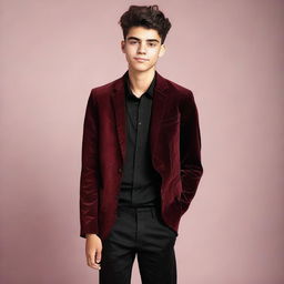 An 18-year-old boy dressed in a black shirt, black pants, and a red wine-colored blazer