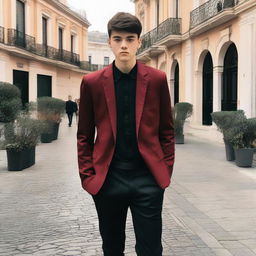 An 18-year-old boy dressed in a black shirt, black pants, and a red wine-colored blazer