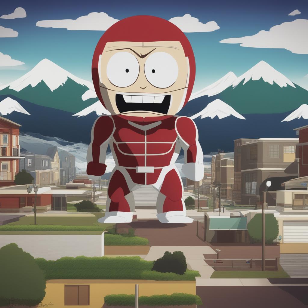 A high-quality digital art image of the Colossal Titan from Attack on Titan as a South Park character