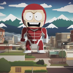 A high-quality digital art image of the Colossal Titan from Attack on Titan as a South Park character