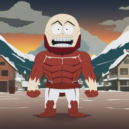 A high-quality digital art image of the Colossal Titan from Attack on Titan as a South Park character