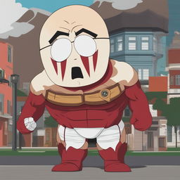 A high-quality digital art image of the Colossal Titan from Attack on Titan as a South Park character