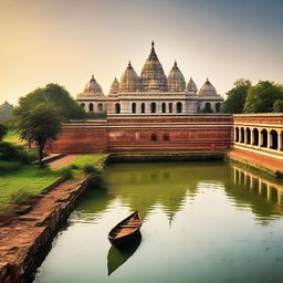 An eye-catching panoramic view of Bihar, featuring its lush landscapes, lively cities, historic architecture and vibrant culture, perfectly suited for a travel brochure.