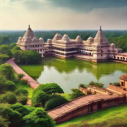 An eye-catching panoramic view of Bihar, featuring its lush landscapes, lively cities, historic architecture and vibrant culture, perfectly suited for a travel brochure.