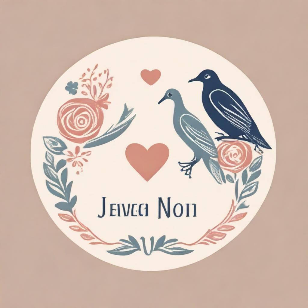 A stylish and elegant logo for a wedding planner business, incorporating motifs of rings, hearts, bouquets, and love birds in a classy color scheme.