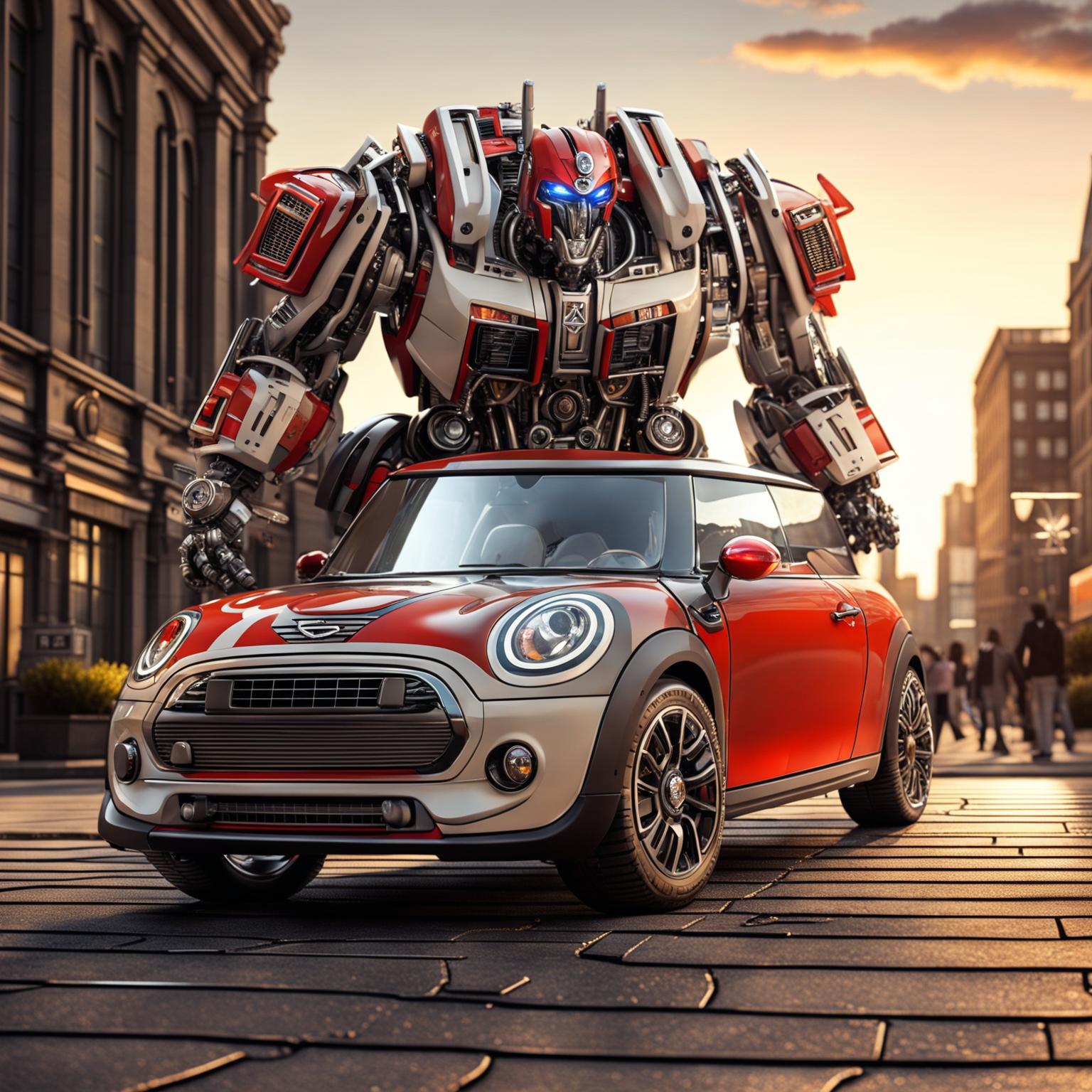 A 4K resolution digital art image showcasing a Mini Cooper car as a Transformer
