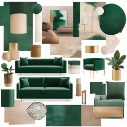 A mood board merging contemporary and maximalist interior styles, highlighted by opulent tones of emerald green, calming beige, and warm browns.