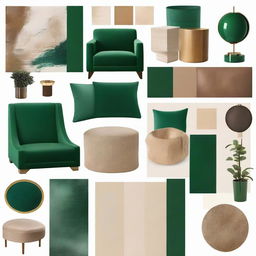 A mood board merging contemporary and maximalist interior styles, highlighted by opulent tones of emerald green, calming beige, and warm browns.