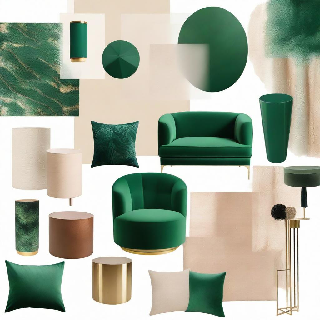 A mood board merging contemporary and maximalist interior styles, highlighted by opulent tones of emerald green, calming beige, and warm browns.