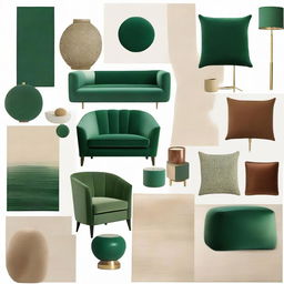 A mood board merging contemporary and maximalist interior styles, highlighted by opulent tones of emerald green, calming beige, and warm browns.