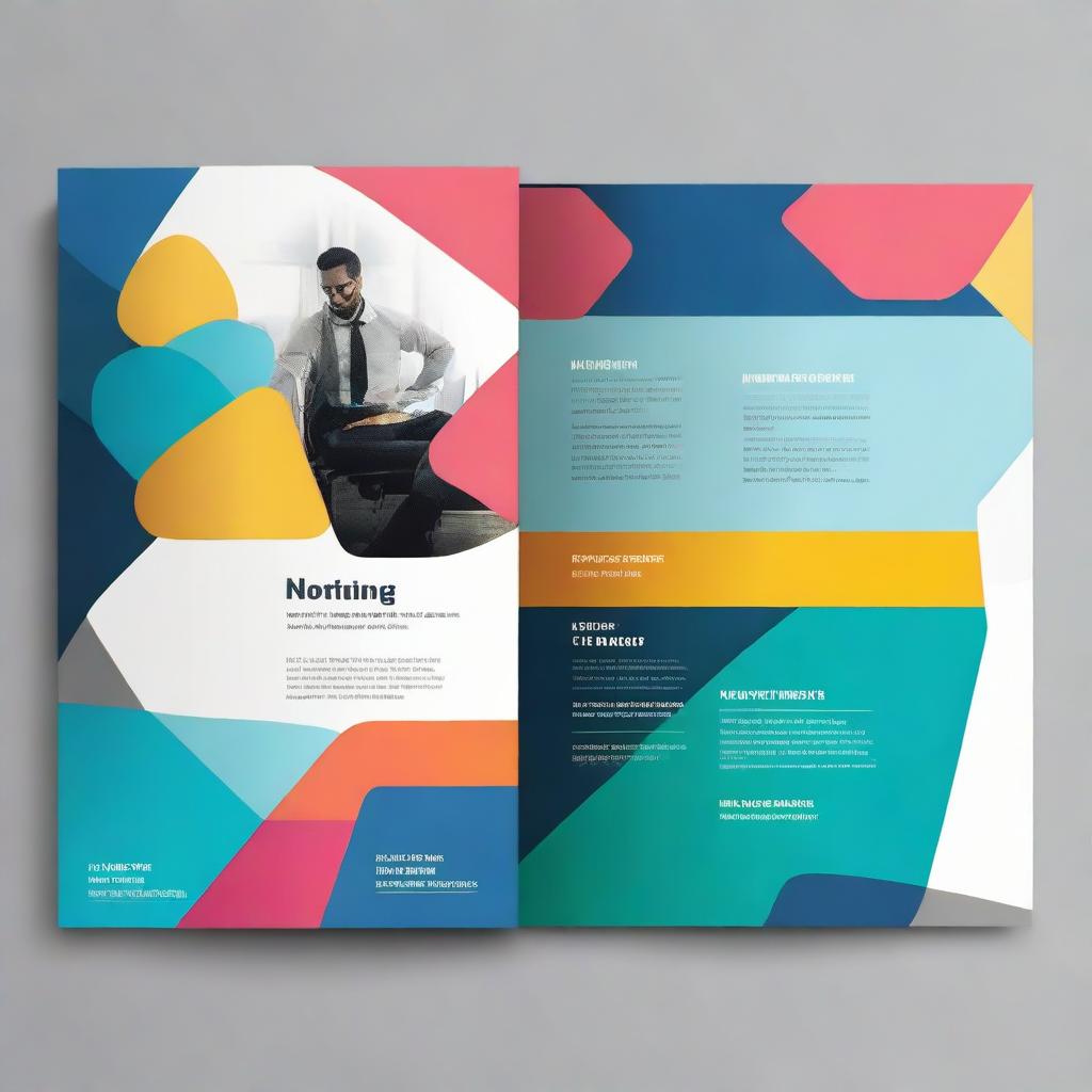 Design a corporate brochure with vibrant color palette, featuring geometric shapes and an impactful layout with images and texts related to business.