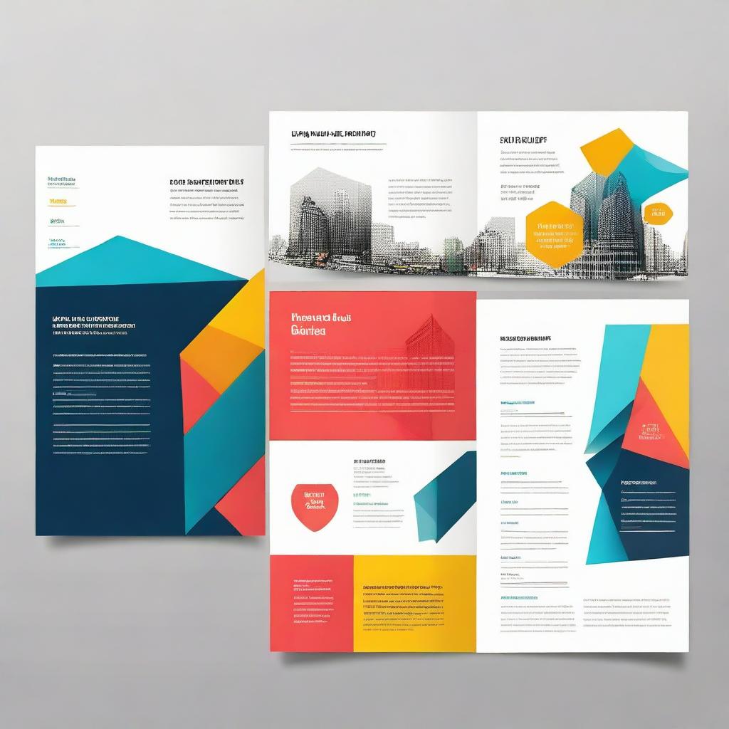 Design a corporate brochure with vibrant color palette, featuring geometric shapes and an impactful layout with images and texts related to business.