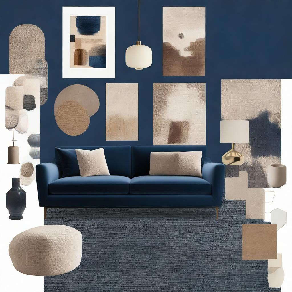 A mood board that merges contemporary and maximalist interior themes, using a palette of night blue, beige, and brownstone. It showcases a wall, sofa, accessories, table, lights, and a carpet.