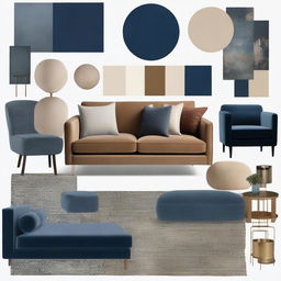 A mood board that merges contemporary and maximalist interior themes, using a palette of night blue, beige, and brownstone. It showcases a wall, sofa, accessories, table, lights, and a carpet.