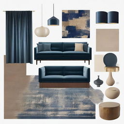 A mood board that merges contemporary and maximalist interior themes, using a palette of night blue, beige, and brownstone. It showcases a wall, sofa, accessories, table, lights, and a carpet.