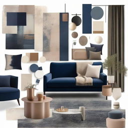 A mood board that merges contemporary and maximalist interior themes, using a palette of night blue, beige, and brownstone. It showcases a wall, sofa, accessories, table, lights, and a carpet.