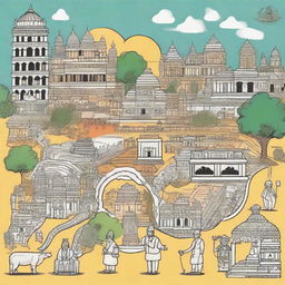 An illustration in the style of a doodle, showcasing Bihar's cultural and geographical highlights. Fitted to a 9:16 size like a front page with an artistic and creative touch.