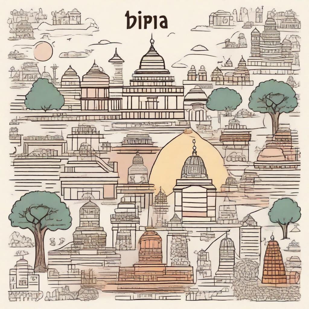 An illustration in the style of a doodle, showcasing Bihar's cultural and geographical highlights. Fitted to a 9:16 size like a front page with an artistic and creative touch.