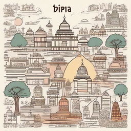 An illustration in the style of a doodle, showcasing Bihar's cultural and geographical highlights. Fitted to a 9:16 size like a front page with an artistic and creative touch.