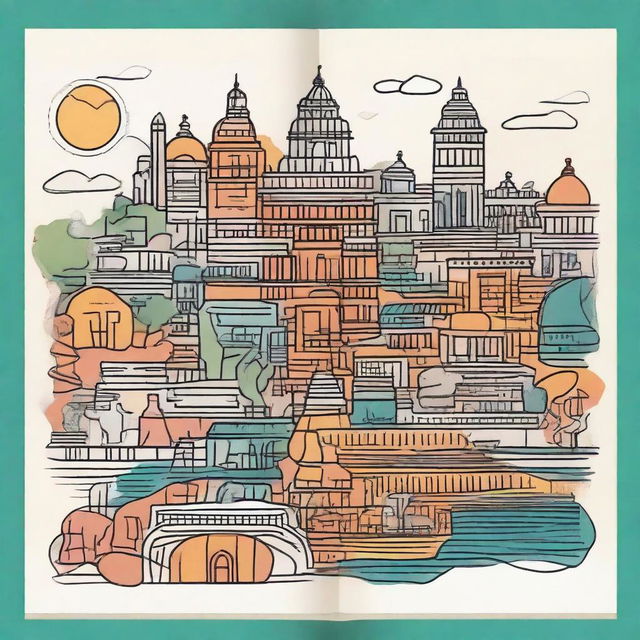 An illustration in the style of a doodle, showcasing Bihar's cultural and geographical highlights. Fitted to a 9:16 size like a front page with an artistic and creative touch.