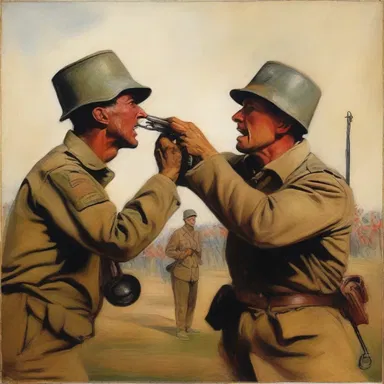 The artist depicted a scene of a soldier receiving a harsh chewing out from his commanding officer, capturing the intensity and fear in his eyes.