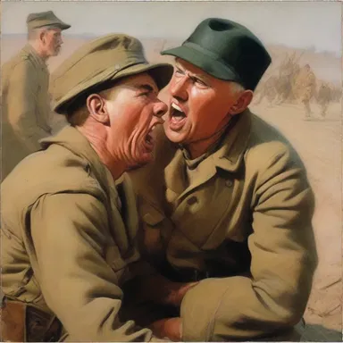 The artist depicted a scene of a soldier receiving a harsh chewing out from his commanding officer, capturing the intensity and fear in his eyes.