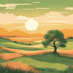 Illustrate a vintage landscape with rolling green fields, a solitary tree in the center, a winding creek, and a soft, orange sunset in the background.