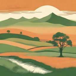 Illustrate a vintage landscape with rolling green fields, a solitary tree in the center, a winding creek, and a soft, orange sunset in the background.