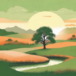 Illustrate a vintage landscape with rolling green fields, a solitary tree in the center, a winding creek, and a soft, orange sunset in the background.