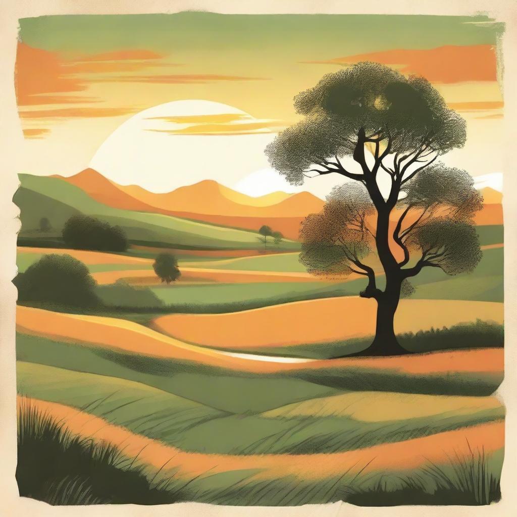 Illustrate a vintage landscape with rolling green fields, a solitary tree in the center, a winding creek, and a soft, orange sunset in the background.