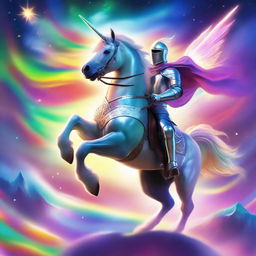 A valiant one-armed knight, dressed in shining armor, majestically riding a mesmerizing unicorn with a glowing horn, against a backdrop of a mystical sky filled with colourful auroras.