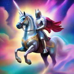 A valiant one-armed knight, dressed in shining armor, majestically riding a mesmerizing unicorn with a glowing horn, against a backdrop of a mystical sky filled with colourful auroras.