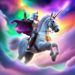 A valiant one-armed knight, dressed in shining armor, majestically riding a mesmerizing unicorn with a glowing horn, against a backdrop of a mystical sky filled with colourful auroras.