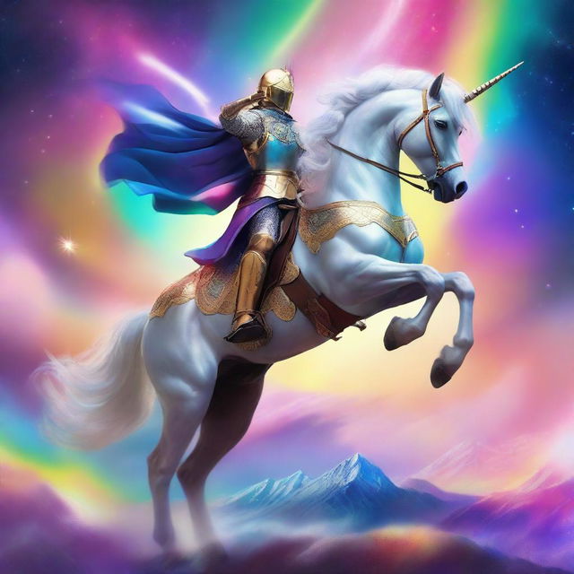 A valiant one-armed knight, dressed in shining armor, majestically riding a mesmerizing unicorn with a glowing horn, against a backdrop of a mystical sky filled with colourful auroras.