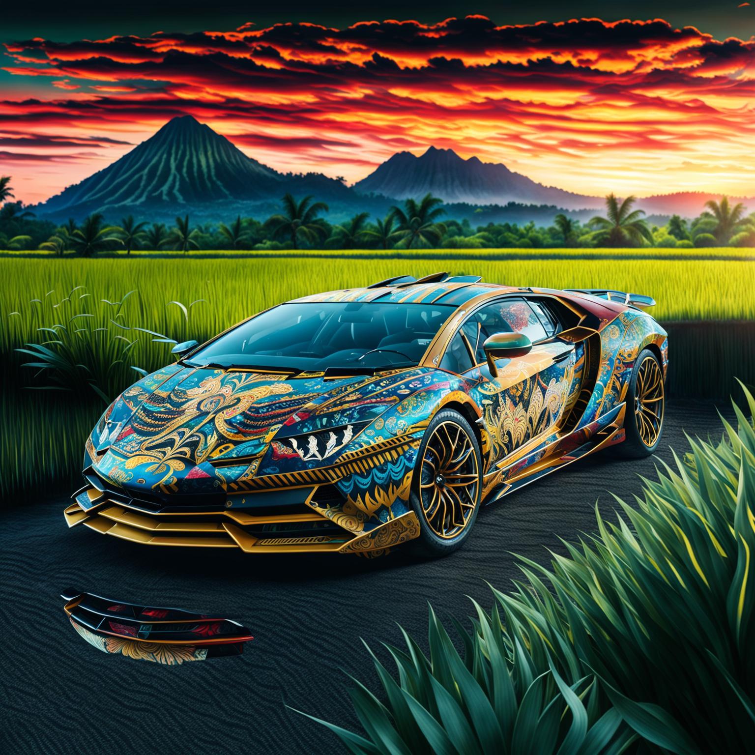 A 4K digital art image showcasing a Lamborghini car reimagined with Indonesian cultural influences