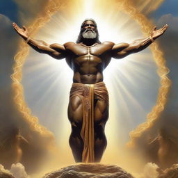 A radiant, majestic figure symbolizing God, emanating divine light. He is effortlessly lifting massive weights, exhibiting infinite strength and grace. The scene showcases his greatness and power.