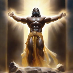 A radiant, majestic figure symbolizing God, emanating divine light. He is effortlessly lifting massive weights, exhibiting infinite strength and grace. The scene showcases his greatness and power.