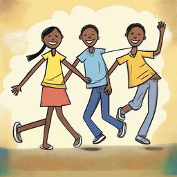 Generate an image portraying 'The 4 Friends', ideally representing camaraderie, joy and a sense of togetherness. They could be engaged in a fun activity together.