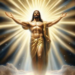 A divine image of God lifting a heavy weight, magnificently illuminated and surrounded by radiant holy lights.