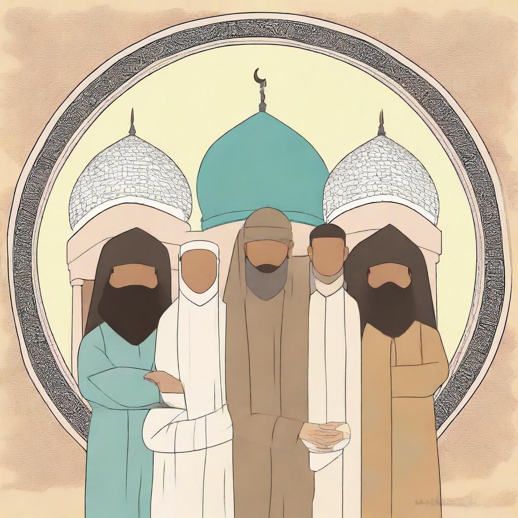 Create an image illustrating 'The 4 Friends' in an Islamic context. The image should reflect unity, respect, and Islamic cultural values.