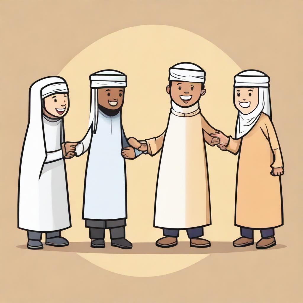 Create an image illustrating 'The 4 Friends' in an Islamic context. The image should reflect unity, respect, and Islamic cultural values.