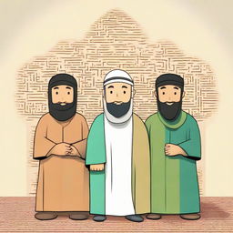 Create an image illustrating 'The 4 Friends' in an Islamic context. The image should reflect unity, respect, and Islamic cultural values.