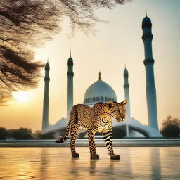 A majestic leopard gracefully trotting within the stunning Faisal Mosque in Islamabad, under a sky colored by the setting sun.