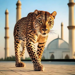 A majestic leopard gracefully trotting within the stunning Faisal Mosque in Islamabad, under a sky colored by the setting sun.