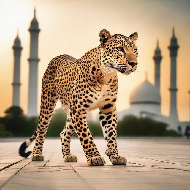 A majestic leopard gracefully trotting within the stunning Faisal Mosque in Islamabad, under a sky colored by the setting sun.