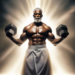 A majestic image of God lifting dumbbells, enveloped in an ethereal, holy light.