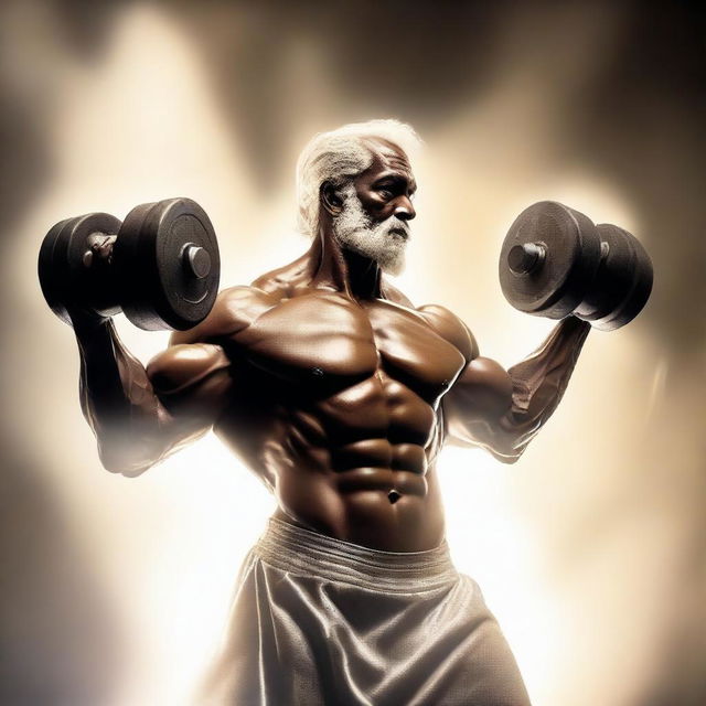 A majestic image of God lifting dumbbells, enveloped in an ethereal, holy light.