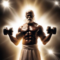 A majestic image of God lifting dumbbells, enveloped in an ethereal, holy light.